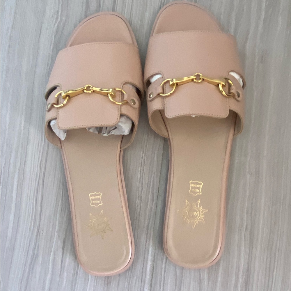 Nude leather horse-bit gold-tone hardware flat sandal